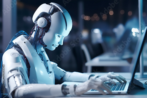 Humanoid robot working on computer, android worker technology concept, artificial intelligence