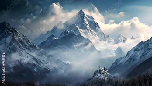 Majestic Mountain Peaks Shrouded in Mist and Illuminated by Sunlight photo
