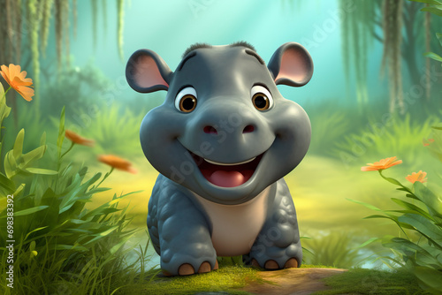 a cute and adorable baby hippo in its natural habitat rendered in the style of a children's cartoon animation style