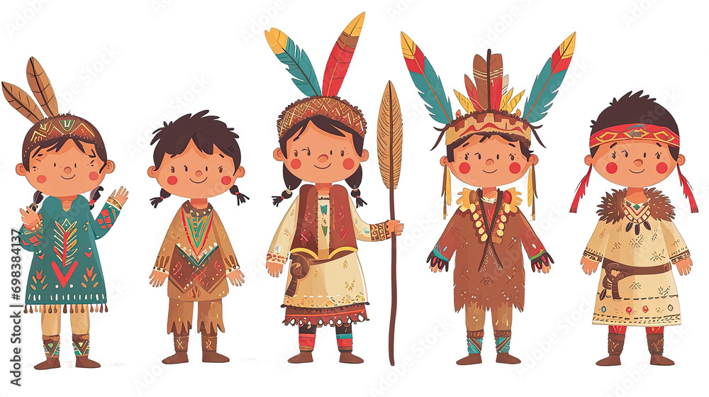 Set Cartoon Indian Tribe Child