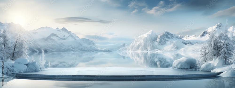Ice background podium cold winter snow product platform floor frozen mountain iceberg. Podium glacier cool ice background stage landscape display icy stand 3d water nature pedestal arctic concept cave - obrazy, fototapety, plakaty 
