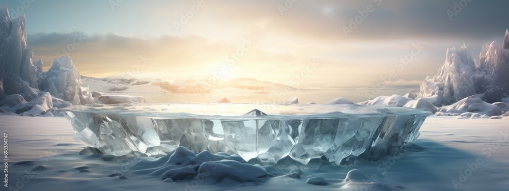 Ice background podium cold winter snow product platform floor frozen mountain iceberg. Podium glacier cool ice background stage landscape display icy stand 3d water nature pedestal arctic concept cave - obrazy, fototapety, plakaty 