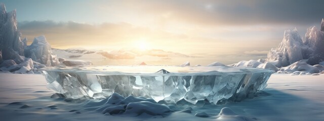 Ice background podium cold winter snow product platform floor frozen mountain iceberg. Podium glacier cool ice background stage landscape display icy stand 3d water nature pedestal arctic concept cave
