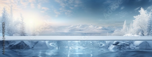 Ice background podium cold winter snow product platform floor frozen mountain iceberg. Podium glacier cool ice background stage landscape display icy stand 3d water nature pedestal arctic concept cave photo