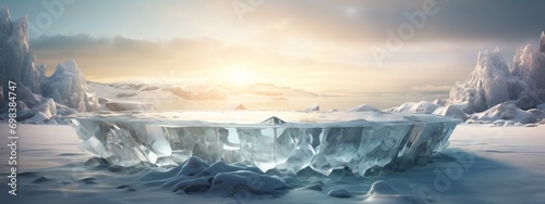 Ice background podium cold winter snow product platform floor frozen mountain iceberg. Podium glacier cool ice background stage landscape display icy stand 3d water nature pedestal arctic concept cave photo