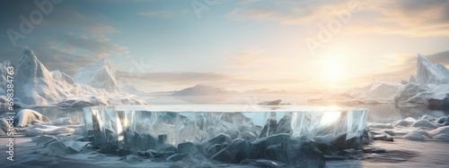 Ice background podium cold winter snow product platform floor frozen mountain iceberg. Podium glacier cool ice background stage landscape display icy stand 3d water nature pedestal arctic concept cave #698384763