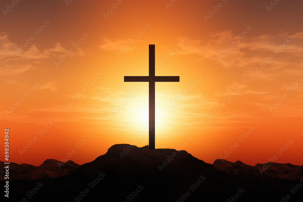 silhouette of Christian cross on mouitain background