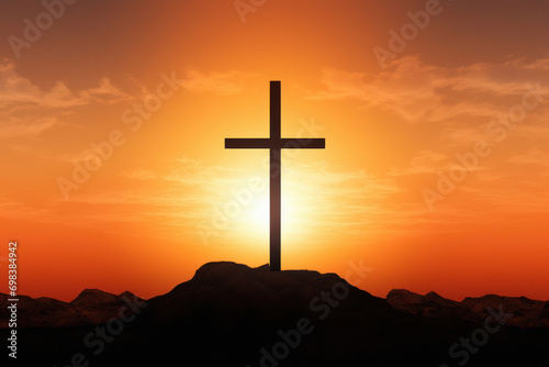 silhouette of Christian cross on mouitain background