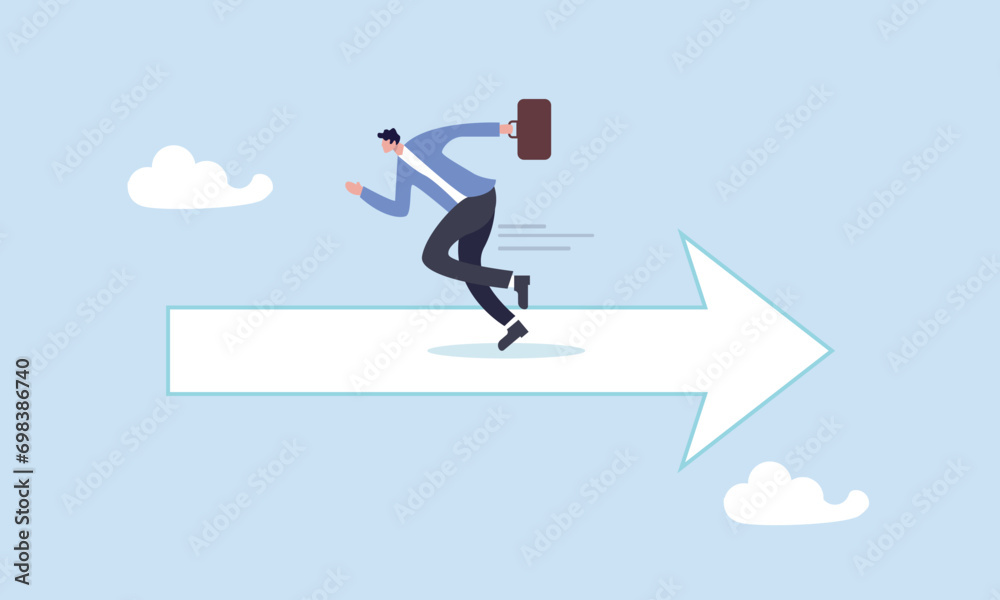Confused businessman running in wrong opposite direction of trend arrow, wrong direction lead to mistake, leadership decision to be difference or opposite, mislead or false to get lost concept