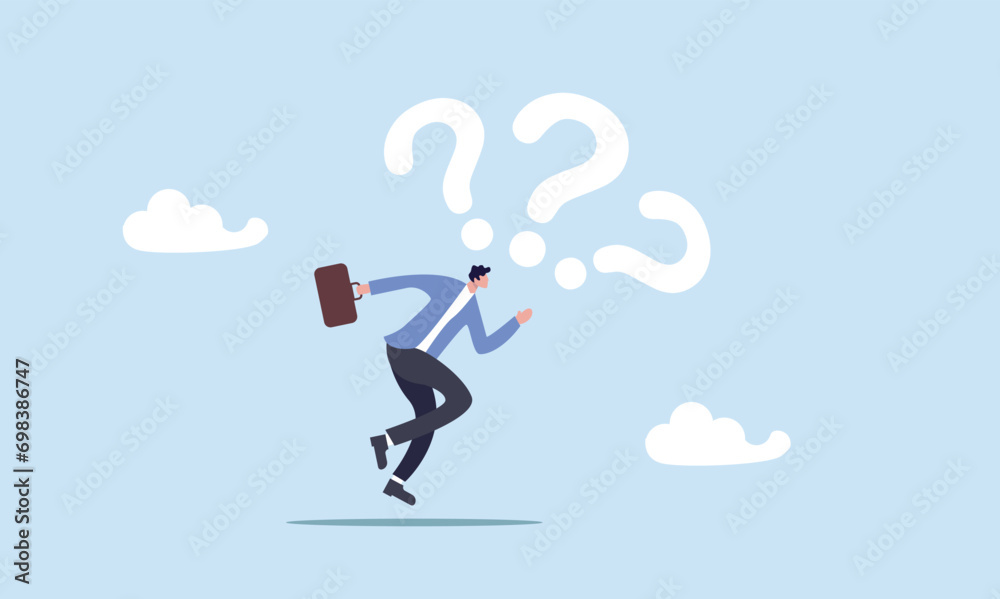 Brave confident businessman speak out loud with speech bubble question mark symbol, asking business question to find answer or solution, speak out loud to get support for work problem concept