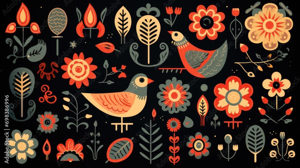 Charming folk art-inspired motifs in a flat design. Charming folk art-inspired motifs in a flat design.