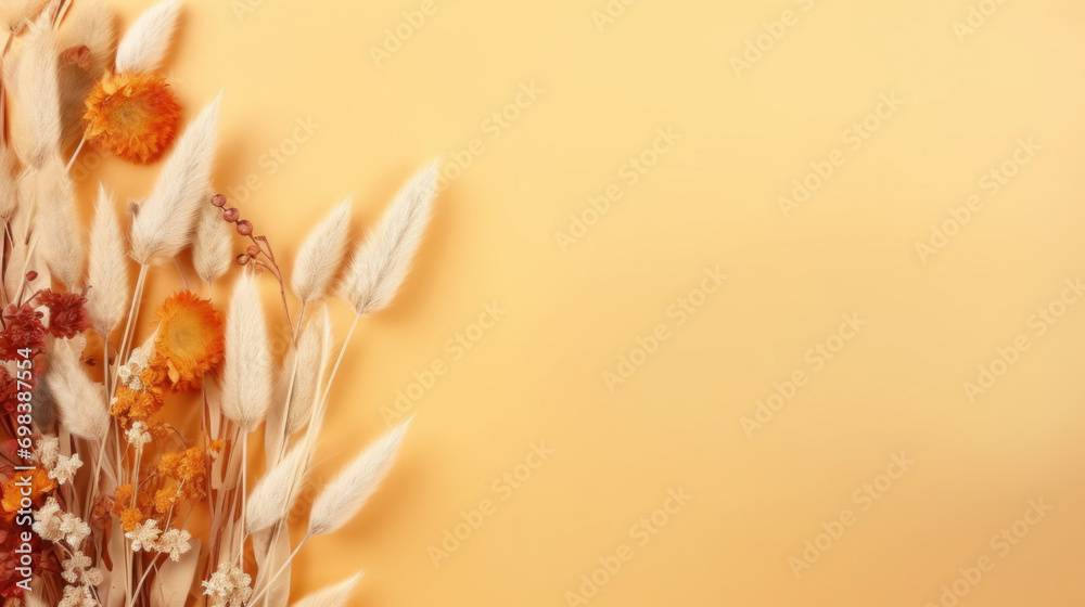 Fototapeta premium A warm-toned bouquet of dried flowers and fluffy pampas grass on a sunny yellow background with space for text.