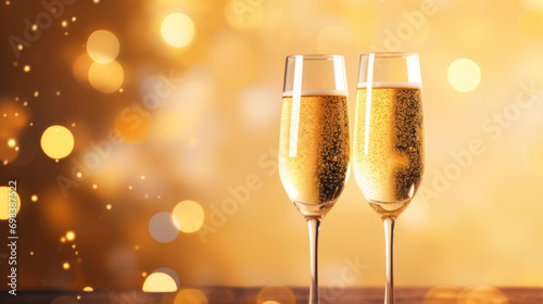 Champagne flutes filled with sparkling wine and effervescent bubbles against a bokeh light background, celebrating a special moment.