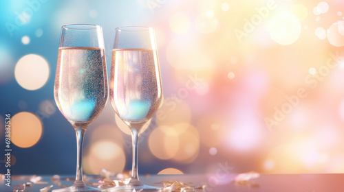 Two champagne flutes with glittering bubbles set against a festive bokeh background evoke a celebratory mood.