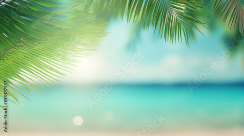 The silhouetted palm leaves frame a tranquil view of a turquoise ocean, embodying a serene tropical atmosphere.