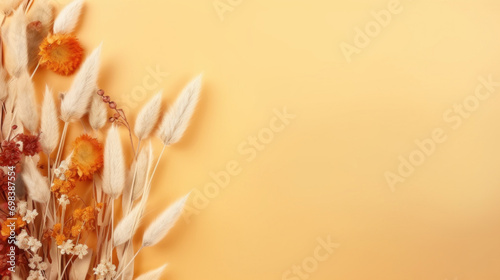 A warm-toned bouquet of dried flowers and fluffy pampas grass on a sunny yellow background with space for text.