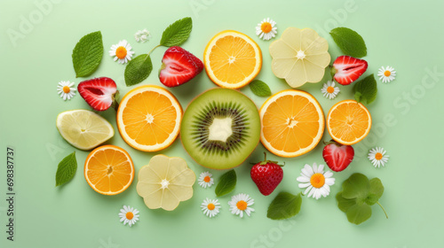 Colorful flat lay of assorted fresh fruits and berries with green leaves.