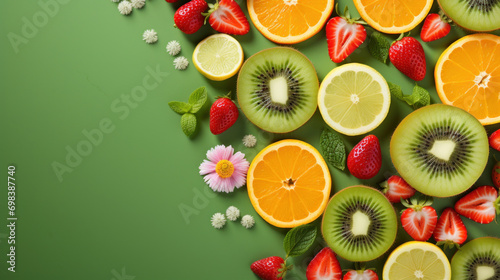 Colorful assortment of fresh fruit slices and berries with a green backdrop.