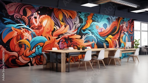 An artistic co-working space with a 3D wall mockup featuring collaborative mural designs.