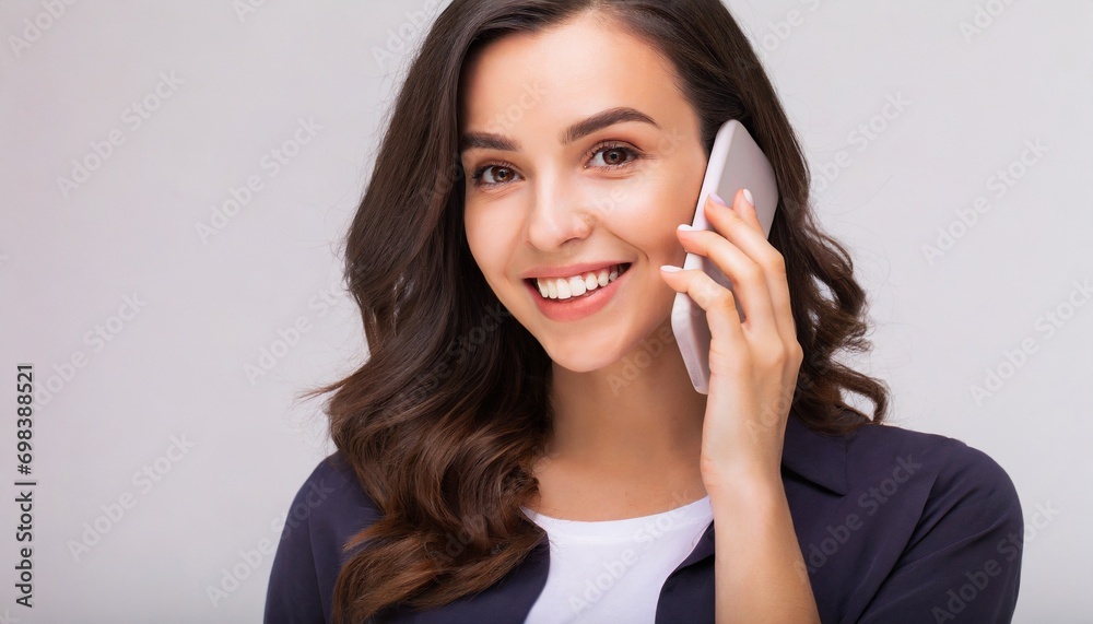 Charming Communication: Beautiful Lady Speaking on Mobile, White Background Charming Communication: Beautiful Lady Speaking on Mobile, White Background