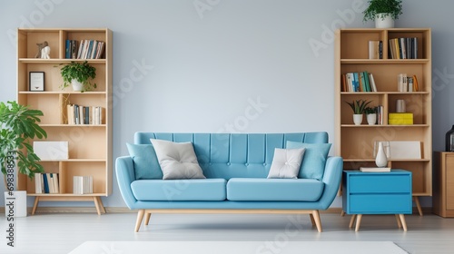 blue sofa with pillows and bookcase, blue wall, minimalist interior design living room © Intelligence Studio