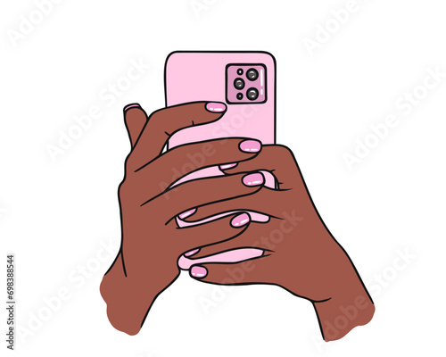 phone in hand of American or African woman. Vector Illustration for printing, backgrounds and packaging. Image can be used for greeting cards, posters and stickers. Isolated on white background.