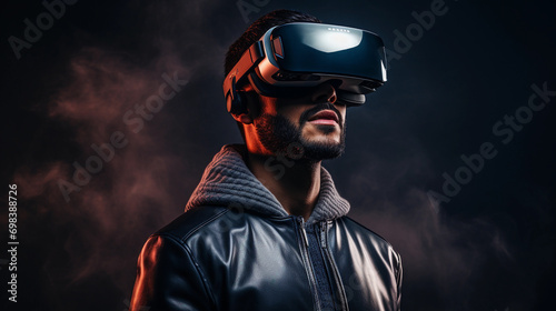 Man wear VR Glasses in metaverse world futuristic technology