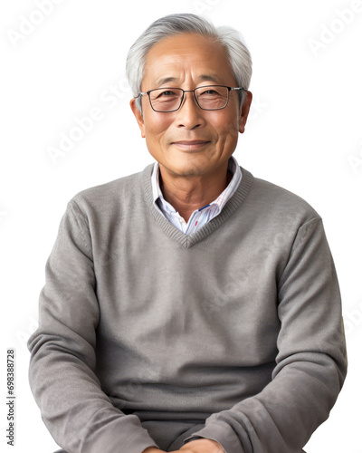 メガネのやさしそうなおじさん、日本の老人のポートレート　A kind middle-aged Japanese man. Portrait on a white background. he has white hair.Generative AI photo
