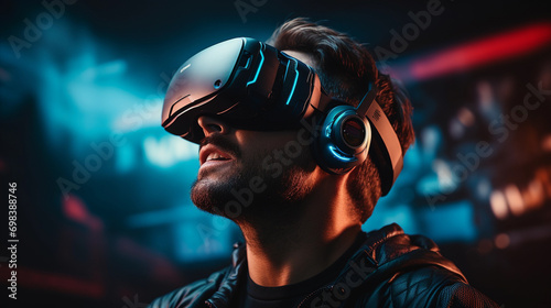 Man wear VR Glasses in metaverse world futuristic technology concept
