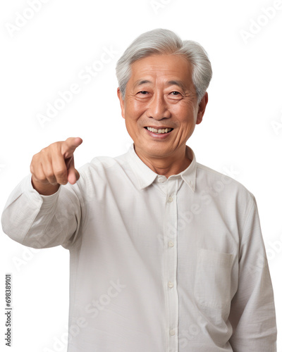 中年のおじさんが指を指している、日本の老人のポートレート A 60-year-old Japanese man is smiling and pointing. white background.Generative AI