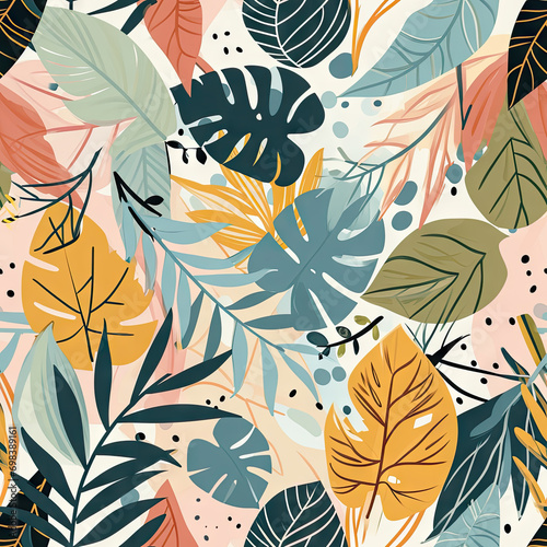 Abstract plant leaf art seamless pattern with colorful freehand doodle collage. Organic leaves cartoon background, simple nature shapes in vintage pastel colors.