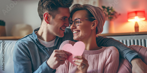 Portrait of Couple holding paper heart and Happy smiling couple in love celebrating their relationship anniversary or valentine's day at home. Couple love moments happiness and valentine's day concept photo