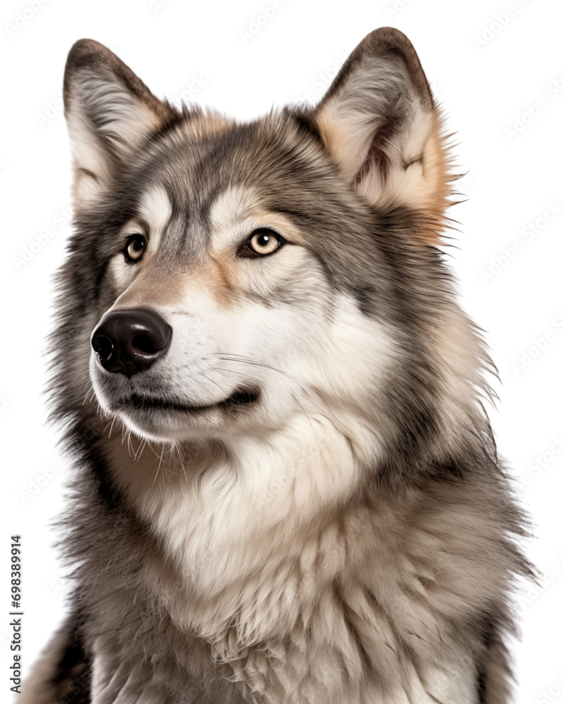 The image shows a close-up of a wolf's face looking directly at the camera with a black background.