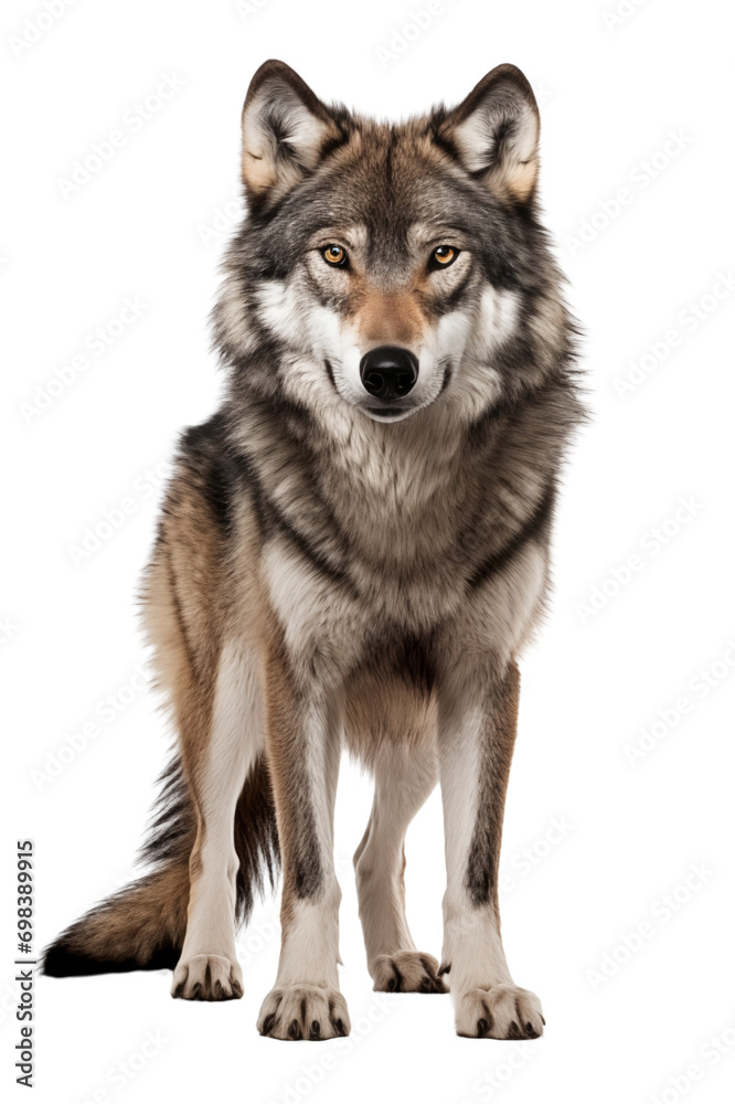 The image displays a full-body portrait of a wolf standing and facing the camera with a black background.