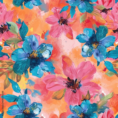 Seamless pattern of flowers with pink blue and orange background. Pink flowers background. illustration of watercolor textured abstract art textile flower design