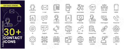 Contact stroke icon set. Containing e-mail, phone, address, customer service, call, website, and more. Editable stroke icons. Vector collection outline.