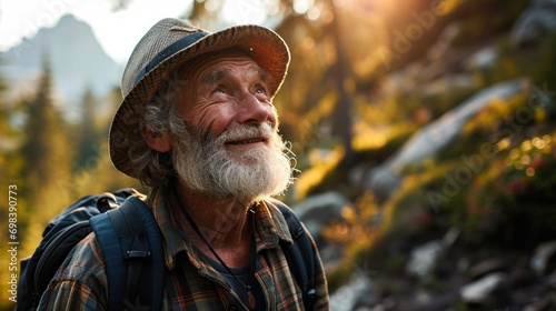 Smiling elderly man with backpack traveling and discovering new places and cultures. Happy retirement, travel, rest, travel, good health.