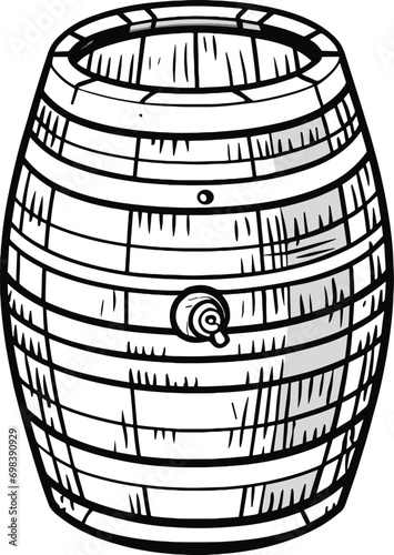 A black and white illustration of a wooden barrel in engraving style on a white background.
