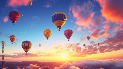 A colorful hot air balloon festival at sunrise, balloons softly blurred against the dawn sky.