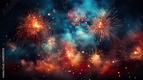 Happy New Year background. Beautiful creative holiday background with fireworks and Sparkling © JetHuynh