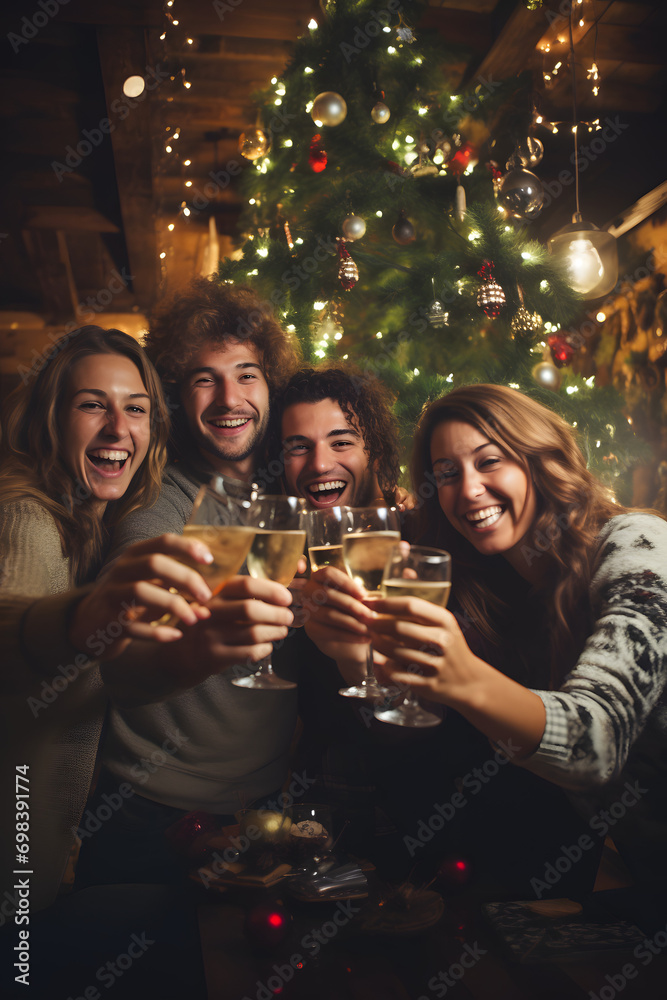 Cheers to Joy: Happy People Celebrating at a Festive Christmas or New Year Party, Raising Champagne Glasses in a Heartwarming Toast Cheers to Joy: Happy People Celebrating at a Festive Christmas or New Year Party, Raising Champagne Glasses in a Heartwarming Toast
