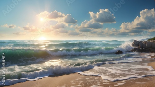 the sun is shining over the ocean waves 