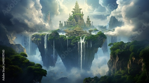 A colossal floating island surrounded by cascading waterfalls, shrouded in mystical clouds.