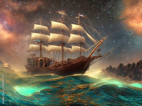 Close-up of a pirate vessel sailing the sea under a mesmerizing night sky with a galaxy.  Ship sailing wall art.  Life is like sailing, you can use any wind to go in any direction  photo