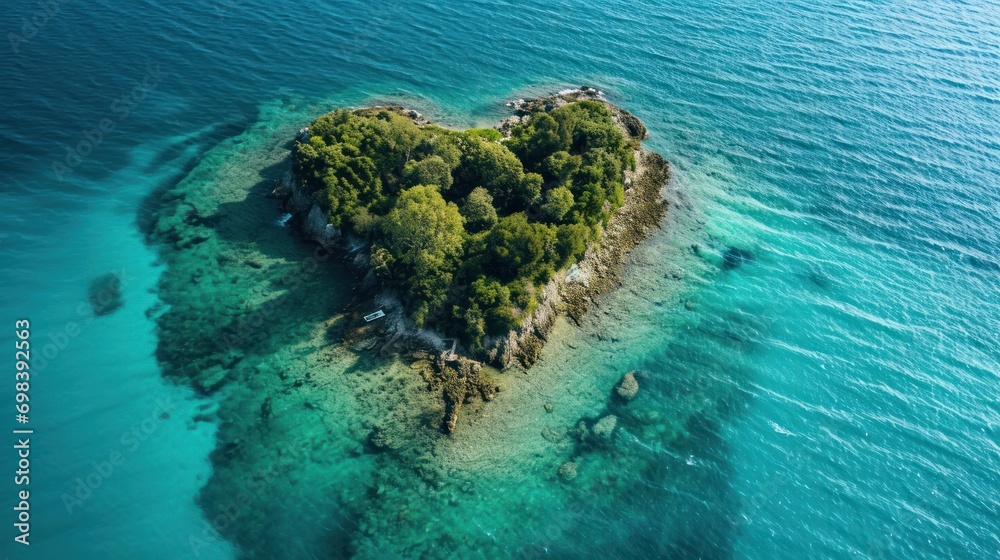 A heart-shaped island surrounded by crystal clear waters, a romantic getaway.