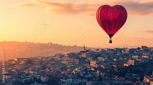 A heart-shaped hot air balloon soaring over a diverse city