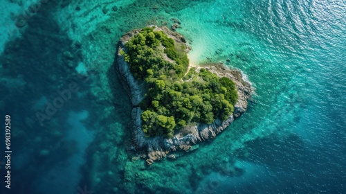 A heart-shaped island surrounded by diverse marine life