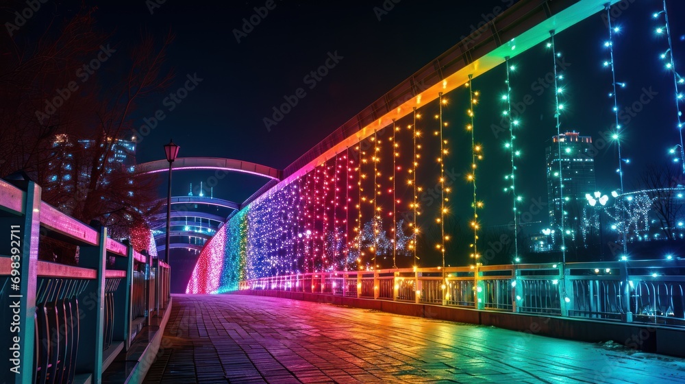 A bridge covered in rainbow lights, symbol of connection and diversity.