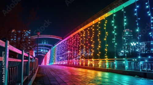 A bridge covered in rainbow lights, symbol of connection and diversity.