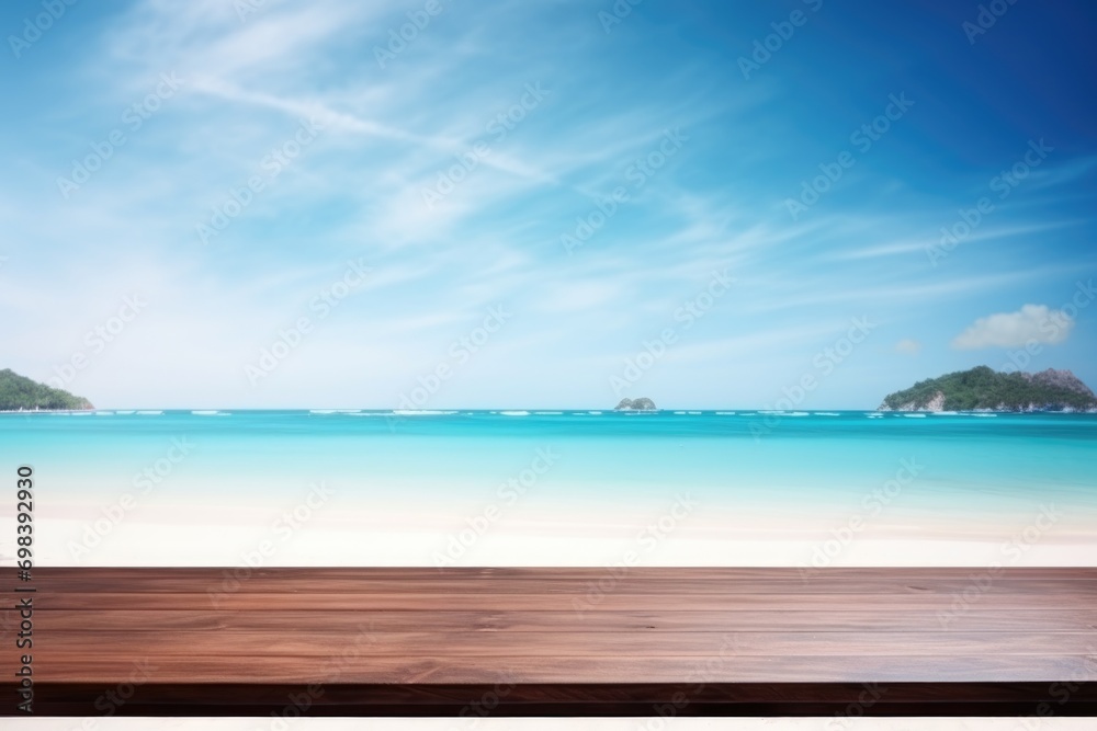 Table wood desk of space and summer beach landscape. Empty wooden table. Empty wood table over blue sea, beach background in summer day. With copy space for your product Table wood desk of space and summer beach landscape. Empty wooden table. Empty wood table over blue sea, beach background in summer day. With copy space for your product